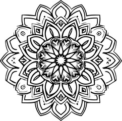 Intricate black and white mandala design radiating symmetry and spiritual calm, perfect for meditation art and therapeutic coloring pages.