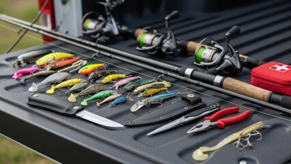 Fototapeta premium Fishing gear arrangement on truck bed with rods and lures