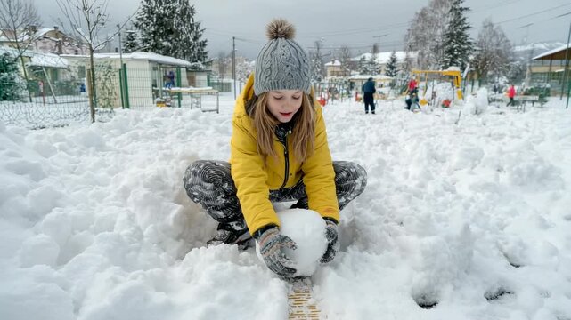 Child in yellow jacket building snowball on snowy playground during fun winter day with seasonal snowfall
