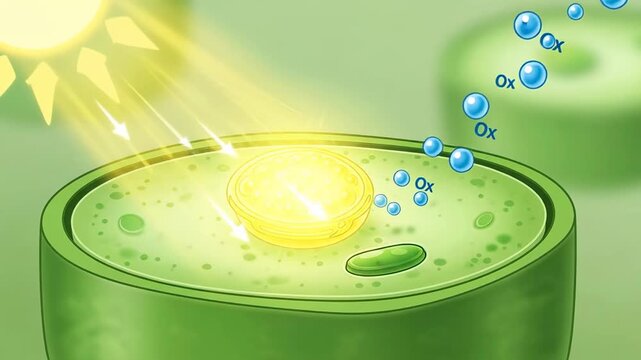 Photosynthesis Process in Plant Cell with Sunlight and Oxygen Production.