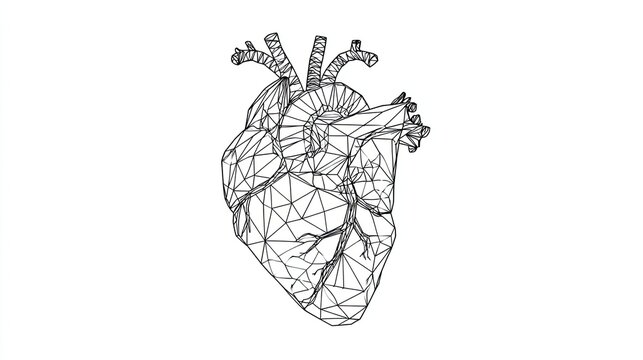 Geometric sketch of human anatomical heart in polygonal line art style on white background for science
