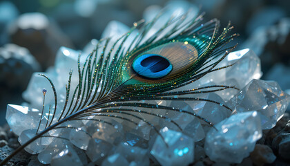 A Peacock Feather Laying on Diamonds Close Up, Selective Focus