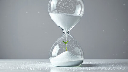 A green sprout grows within an hourglass, fed by falling white sand. It symbolizes life's continuous growth, renewal, and hope through time.
