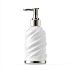 Obraz premium A stylish white pump bottle with a unique twisted design and metallic silver accents, set against a clean white background. Perfect for modern bathroom decor.