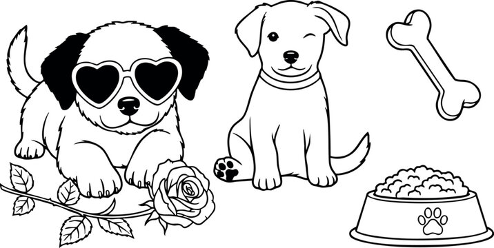 Cute line art puppies with heart sunglasses and winking face sitting with rose flower, dog bone and food bowl coloring page illustration in playful cartoon style