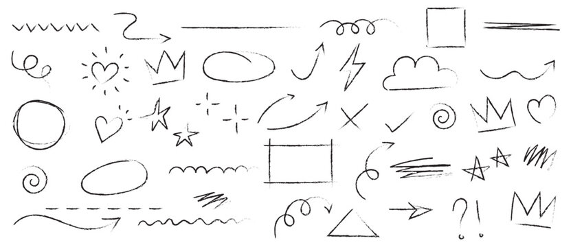 Decorative doodles sketch scribble hand drawn handmade pencil pen marker set vector graphic design illustration art for business infographic journal set pointing arrow speech bubble line outline shape