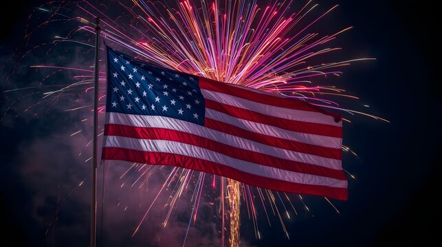 American Flag with Firework Burst: An iconic image of the United States flag billowing proudly against a vibrant backdrop of fireworks, capturing a sense of national pride and celebration.