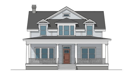 A twostory home with a porch columns and a gray roof