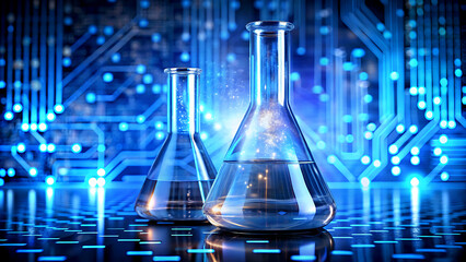 Two laboratory flasks with blue liquid science and technology concept abstract background with circuit board pattern