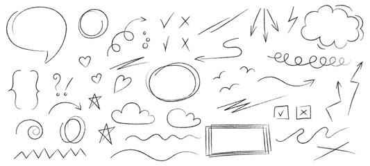 Line marker hand drawn brush arrow element set. Sketch pencil stroke vector graphic pen underline scribble icon. Hand drawn line heart, crown, star symbol highlight marker shape. vector