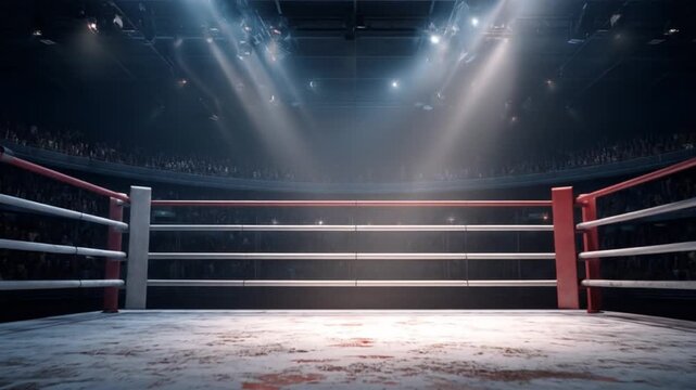 An empty boxing ring under dramatic spotlights amid dark stands and silent arena ambiance. and hush