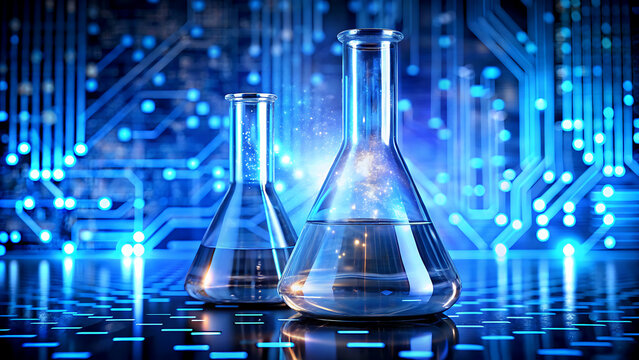 Two laboratory flasks with blue liquid science and technology concept abstract background with circuit board pattern
