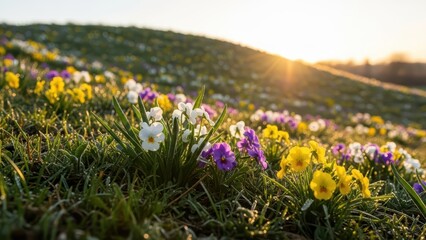 Obraz premium Vibrant spring meadow: sunrise over colorful wildflowers in bloom