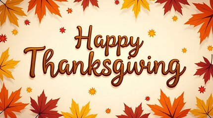 Scattered red, orange, and yellow autumn leaves forming a decorative frame around hand-drawn “Happy Thanksgiving” lettering, soft textured background, festive and cozy