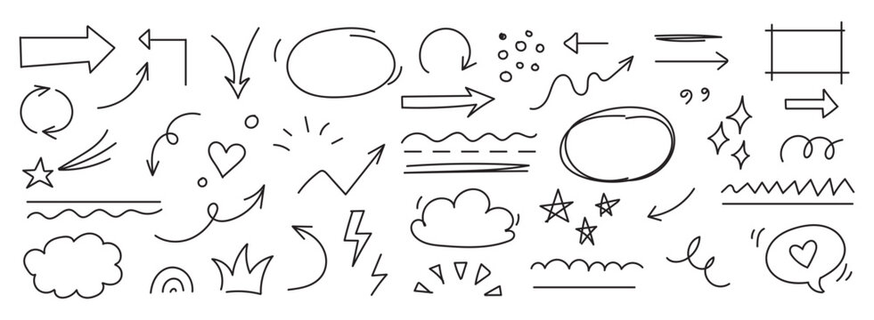 Crayon pencil hand drawn various oval, chalked arrows, check marks. Vector doodle marker drawing. Hand drawn charcoal symbols for diagrams. Freehand grunge red strikethrough and underline elements