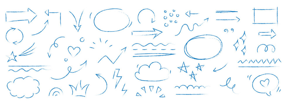 Crayon pencil hand drawn various oval, chalked arrows, check marks. Vector doodle marker drawing. Hand drawn charcoal symbols for diagrams. Freehand grunge red strikethrough and underline elements