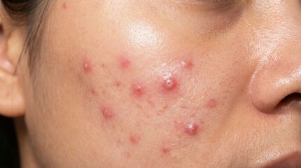 Detailed macro photo of a person's cheek with inflamed acne and pimples, showing skin texture and common dermatological issues.
