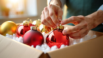 Hands gently unpack red and gold Christmas baubles from a padded box, with warm sunlight highlighting the glossy ornaments and creating a festive, cozy holiday atmosphere