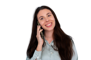 Woman talking on smartphone, smiling and feeling happy, enjoying a lively communication and conversation on transparent background