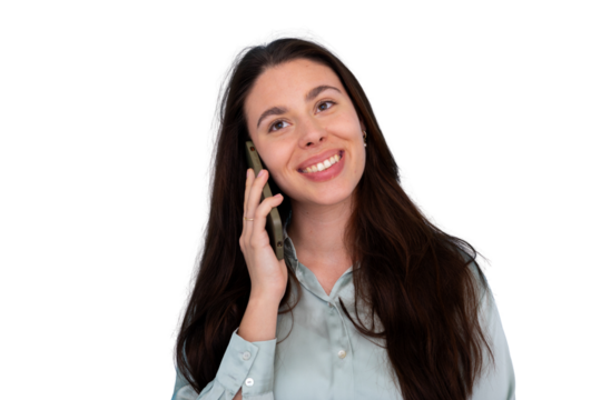 Woman talking on smartphone, smiling and feeling happy, enjoying a lively communication and conversation on transparent background - Powered by Adobe