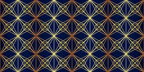 Elegant geometric pattern with gold lines on a dark blue background seamless vector design for luxury branding and backgrounds