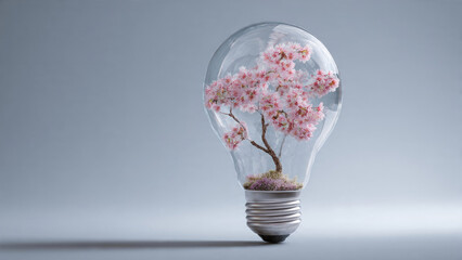 A beautiful miniature cherry blossom tree blooms inside a clear light bulb, symbolizing growth, innovation, and delicate natural beauty.