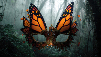 An enchanting, ornate masquerade mask adorned with vibrant monarch butterfly wings and delicate flowers, set mysteriously within a misty, ethereal forest.