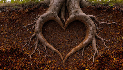 Two ancient tree roots interlock underground, forming a perfect heart shape amidst rich soil, symbolizing enduring love and nature's connection.