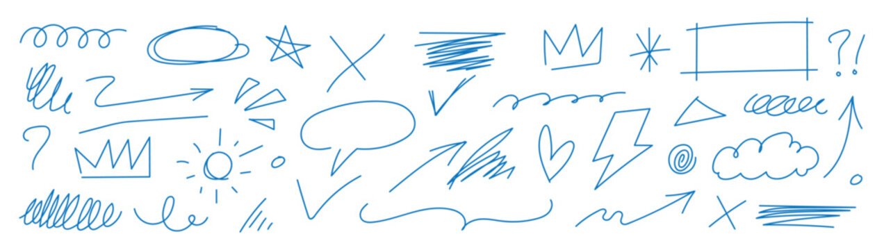 Decorative doodles sketch scribble hand drawn handmade pencil pen marker set vector graphic design illustration art for business infographic journal set pointing arrow speech bubble line outline shape