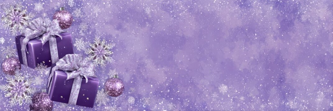Purple holiday gifts with silver bows, snowflakes, and festive ornaments