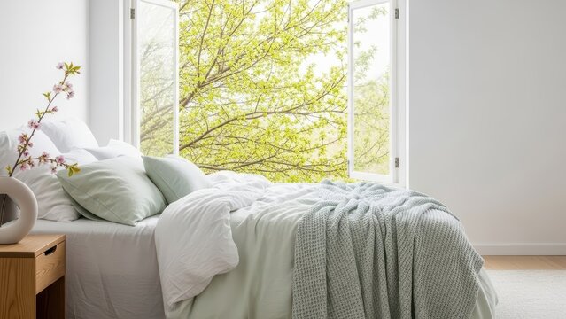 Cozy bedroom with open windows overlooking lush greenery