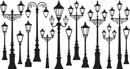 Extensive Collection of Black Silhouettes of Vintage Street Lamps on White Background lamppost