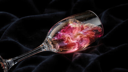 Elegant glass on dark velvet holds a luminous, swirling cosmic nebula. Pink, gold, shimmering stars create a magical ethereal scene.
