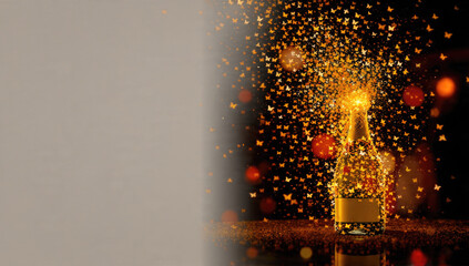 A shimmering champagne bottle bursts with golden butterfly particles, creating a magical, festive explosion against a dark background, celebrating joyous occasions.