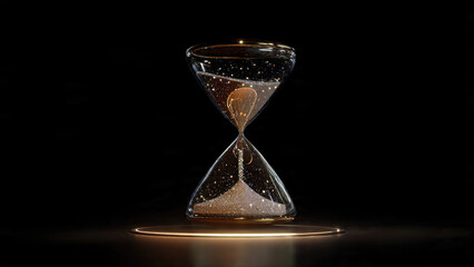 Golden glitter flows through an elegant hourglass, illuminated by a subtle glow, representing precious time and emerging insights.
