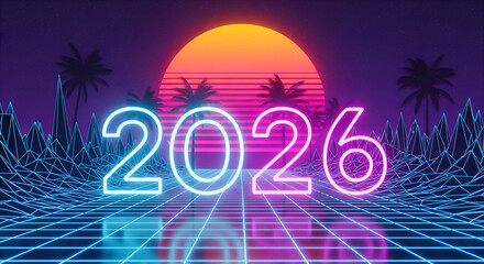 New year 2026 celebration illustration card with vector neon light text sign and happy 2026 holiday decoration concept