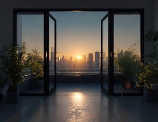 Obraz premium Cityscape Sunset View from Balcony with Open Doors.