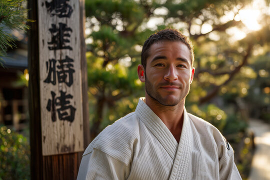 Confident martial artist in white gi posing in a sunlit Japanese garden beside a wooden signboard — serene outdoor portrait of discipline and focus - Powered by Adobe
