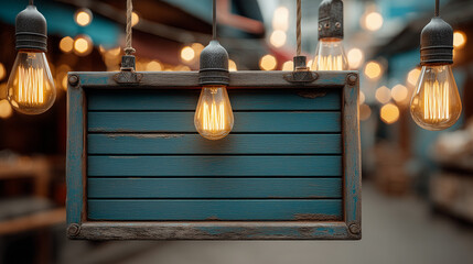 Wooden sign hangs surrounded by vintage light bulbs with bokeh background