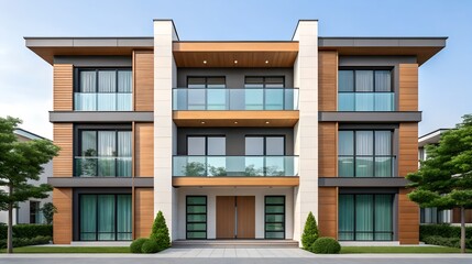Contemporary Multi- Story Residential Building with Wood and Glass Facade