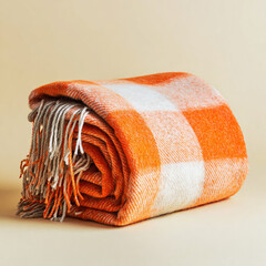 Folded orange and white checkered throw blanket with fringe on light surface