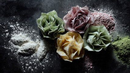 Five exquisitely crafted, rose-shaped delicacies in various pastel colors rest on a dark background, dusted with flour and vibrant powdered ingredients.