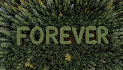 Aerial view shows 'FOREVER' spelled in green hedges within a dense forest, symbolizing nature's permanence, environmentalism, and lasting natural beauty.