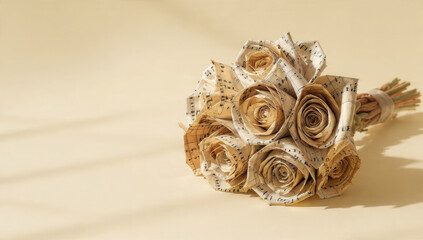 A beautiful bouquet of handcrafted roses made from antique sheet music, tied with rustic string on a warm, plain background.