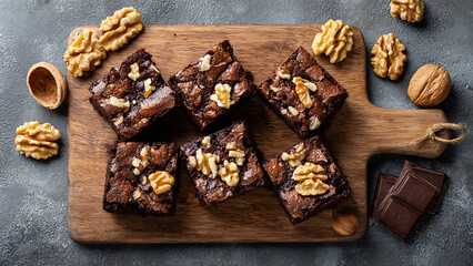 Delicious Walnut Brownies on Rustic Wooden Board with Scattered Walnuts and Dark Chocolate