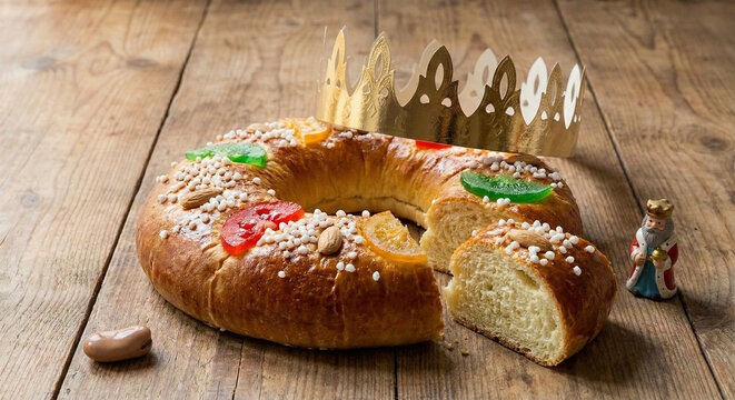Traditional King's Cake or Roscon de Reyes for Epiphany Celebration
