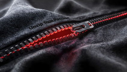 A partially unzipped metallic zipper on dark fabric reveals a vibrant red glow. "Unzip Your Passion" text symbolizes unleashing inner drive.