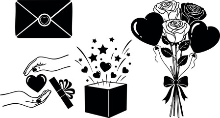Minimalist black silhouette valentines day icons with roses bouquet, heart balloons, love letter envelope, gift box explosion and hands giving heart, flat vector art