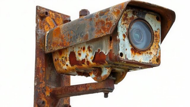 A close-up view of a rusted camera attached to a sturdy metal pole, suitable for use in industrial or outdoor settings