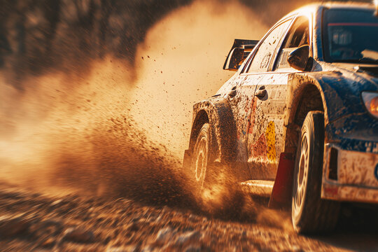 High-speed rally car kicking up mud and gravel in dramatic golden-hour action &mdash; dynamic off-road racing scene capturing motion, dust, and power